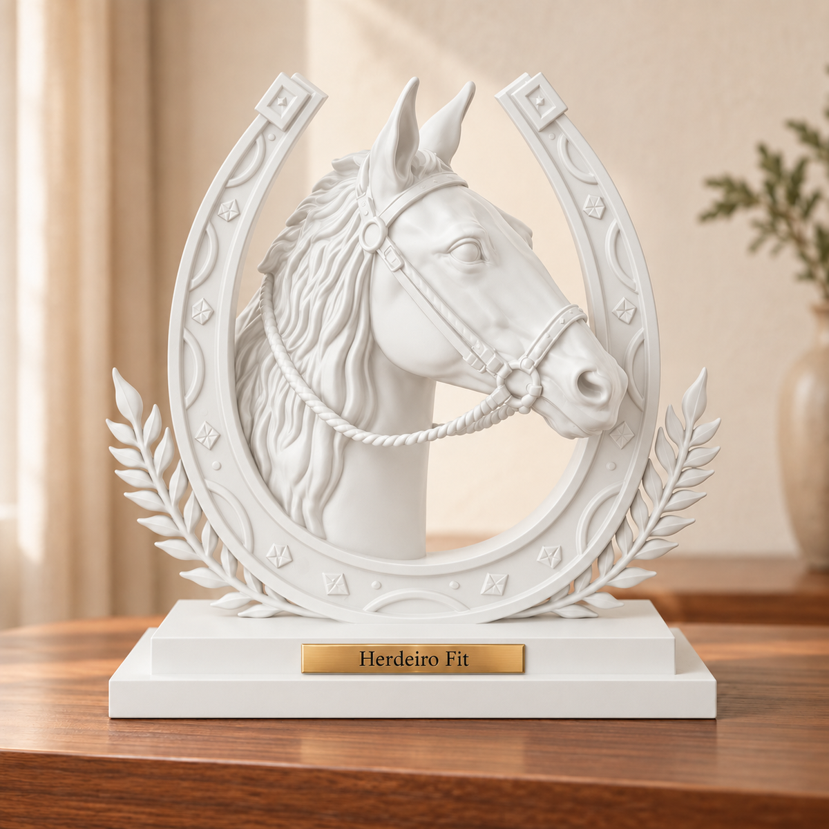 Legado — escultura de cavalo Branco, placa personalizada Herdeiro Fit
