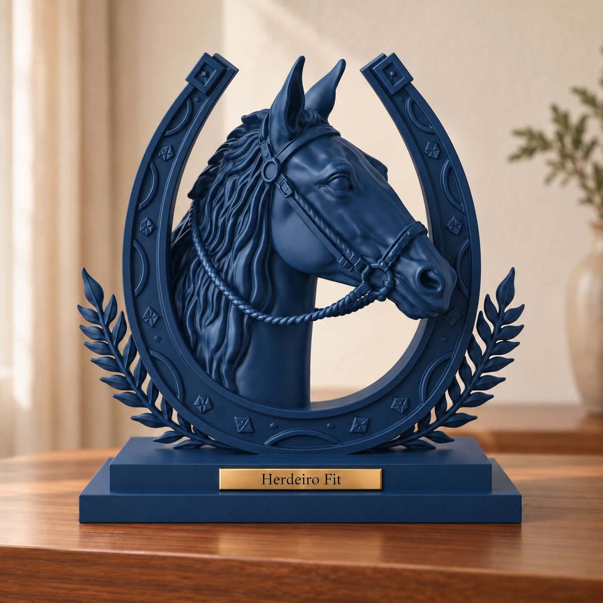 Legado — escultura de cavalo Dark Blue, placa personalizada Herdeiro Fit
