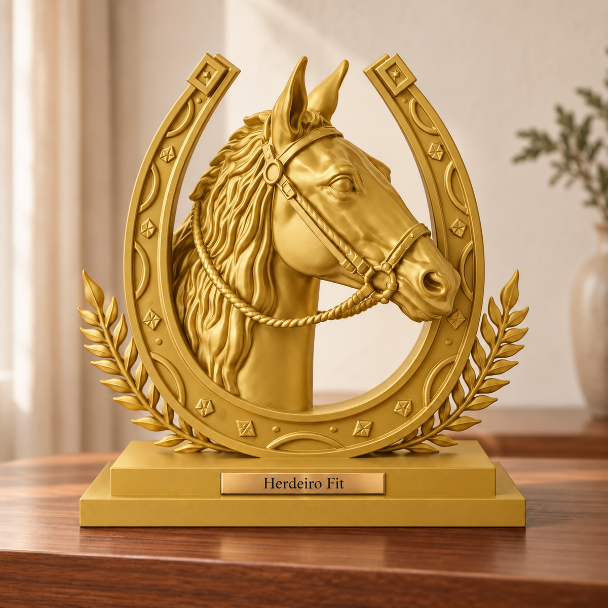 Legado — escultura de cavalo Dourado, placa personalizada Herdeiro Fit