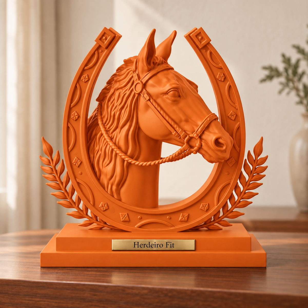 Legado — escultura de cavalo Laranja, placa personalizada Herdeiro Fit