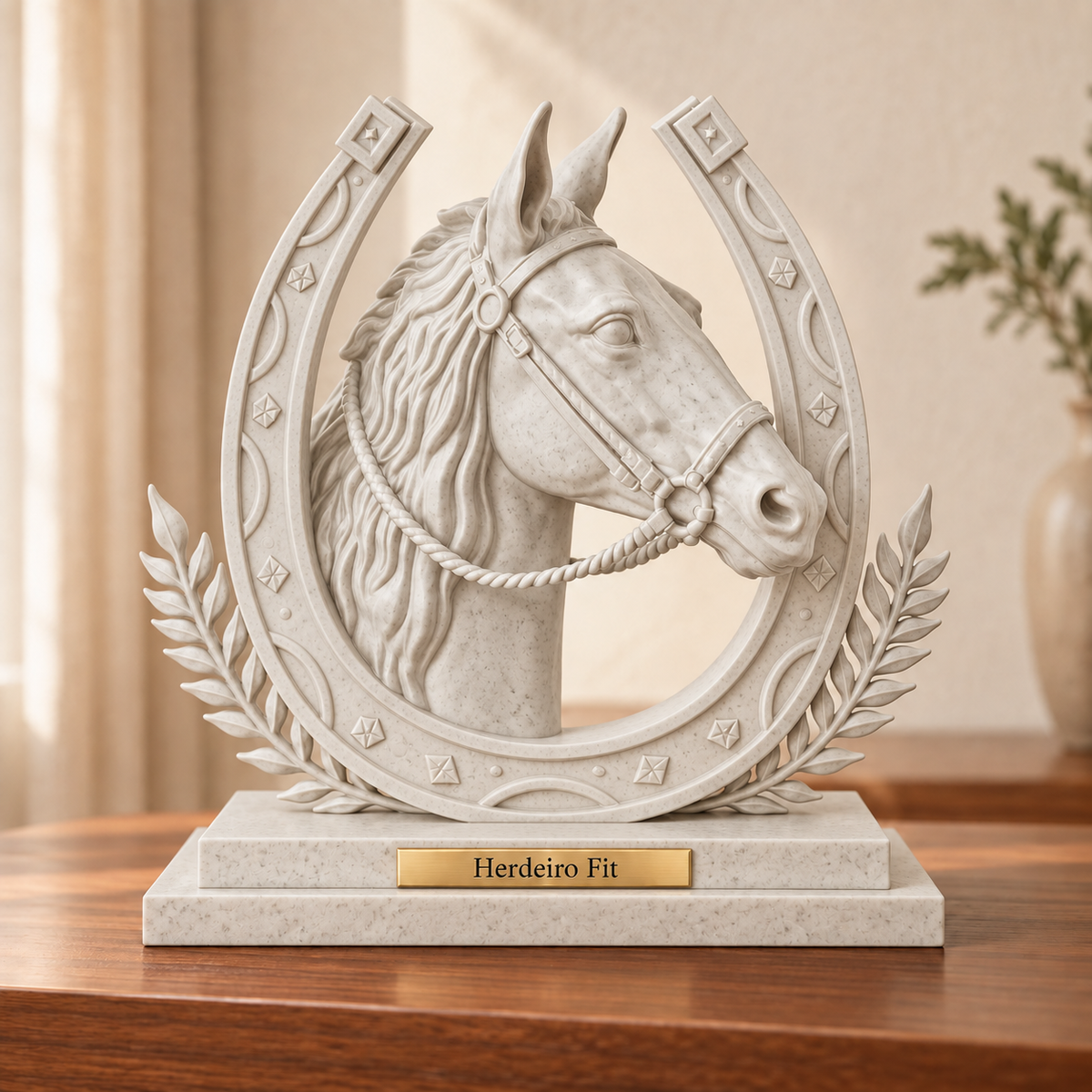 Legado — escultura de cavalo Mármore, placa personalizada Herdeiro Fit