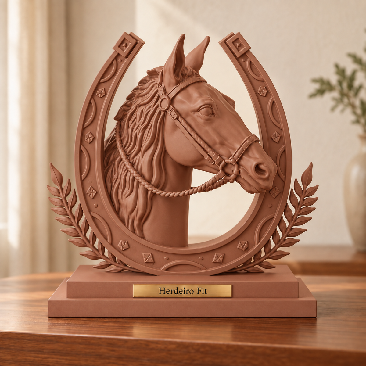 Legado — escultura de cavalo Marrom Terracota, placa personalizada Herdeiro Fit
