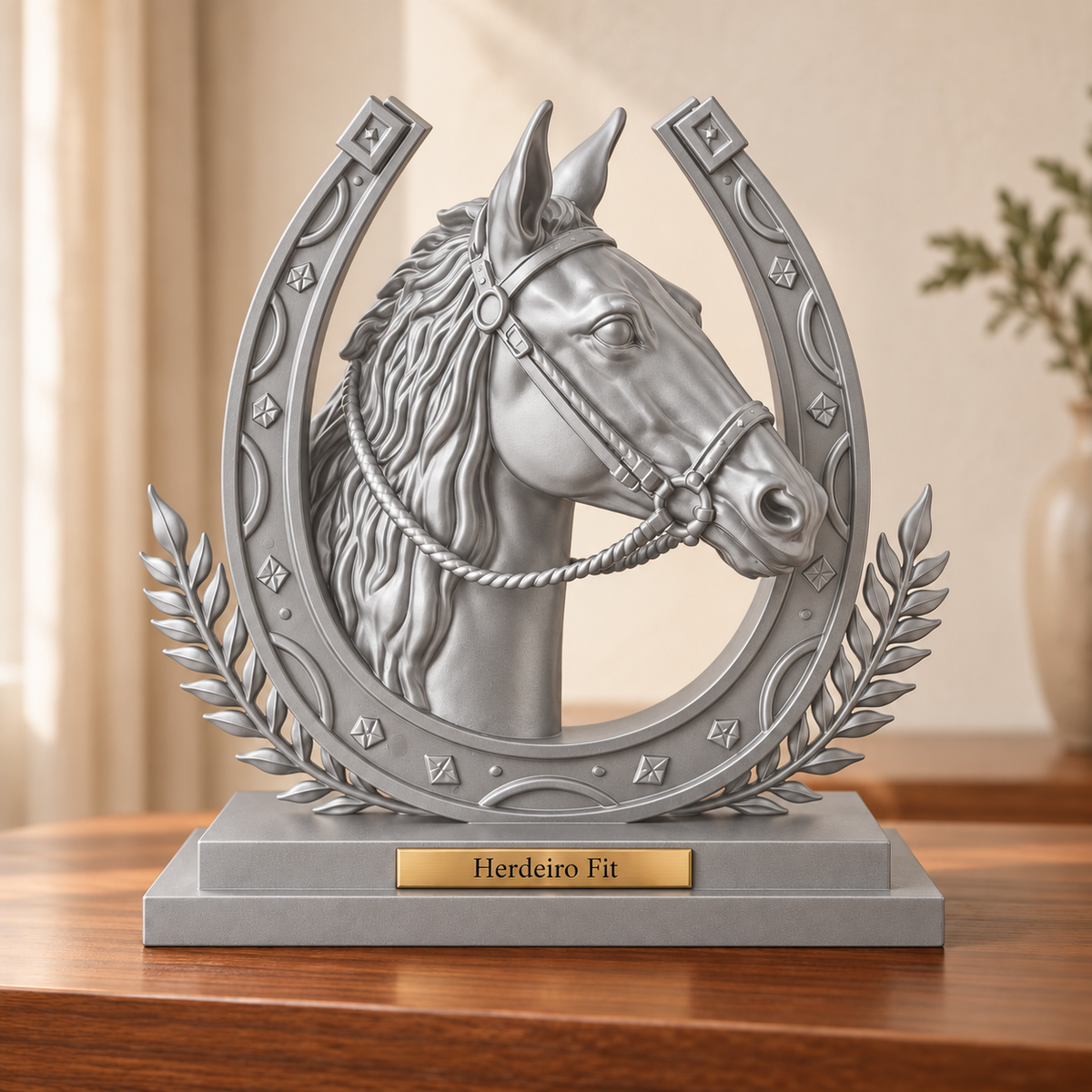Legado — escultura de cavalo Prata, placa personalizada Herdeiro Fit