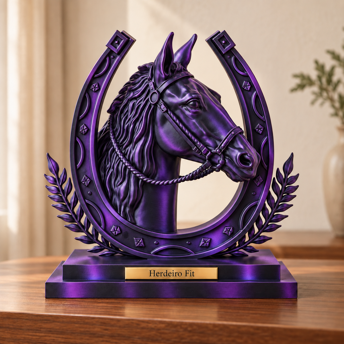 Legado — escultura de cavalo Preto e Roxo, placa personalizada Herdeiro Fit