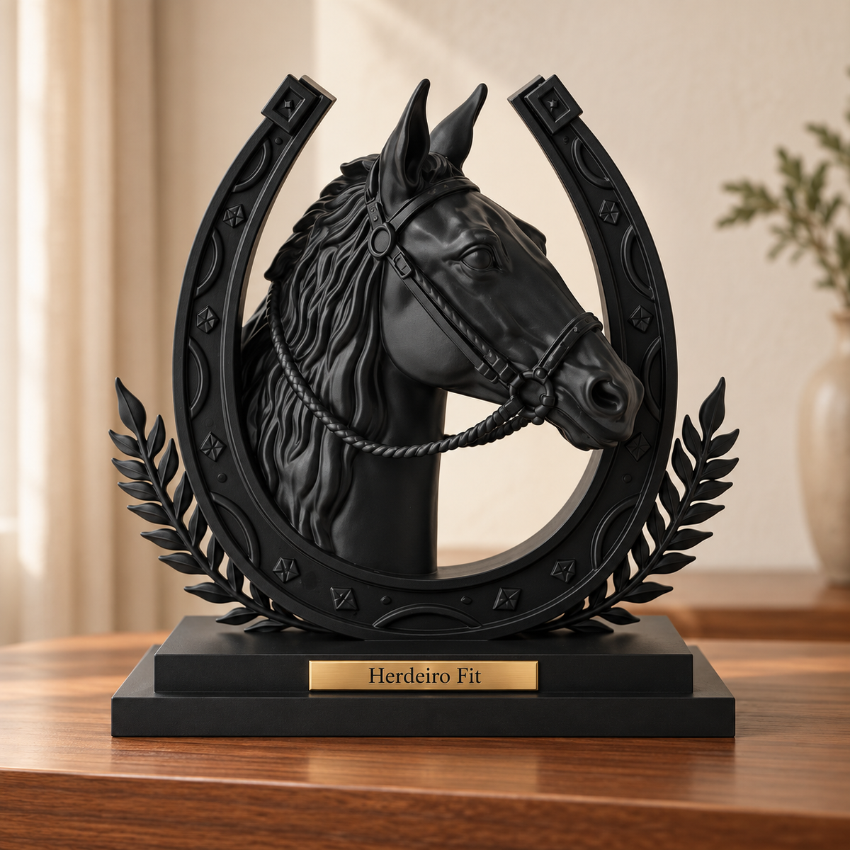 Legado — escultura de cavalo Preto, placa personalizada Herdeiro Fit