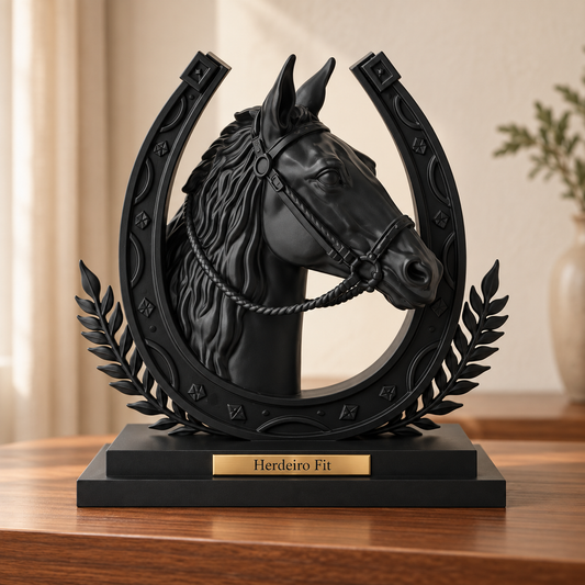 Legado — escultura de cavalo Preto, placa personalizada Herdeiro Fit