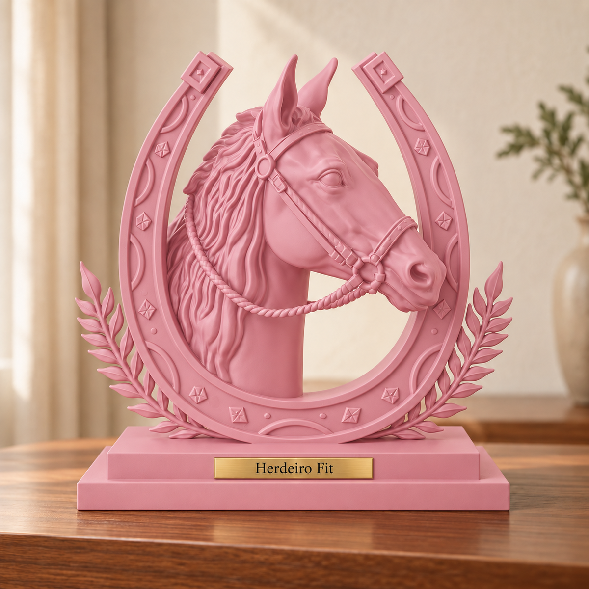Legado — escultura de cavalo Rosa, placa personalizada Herdeiro Fit