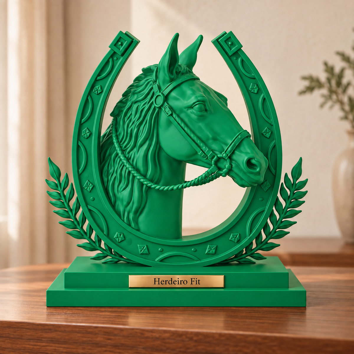 Legado — escultura de cavalo Verde, placa personalizada Herdeiro Fit