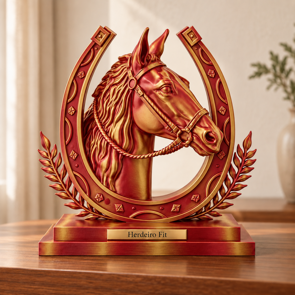 Legado — escultura de cavalo Vermelho e Dourado, placa personalizada Herdeiro Fit
