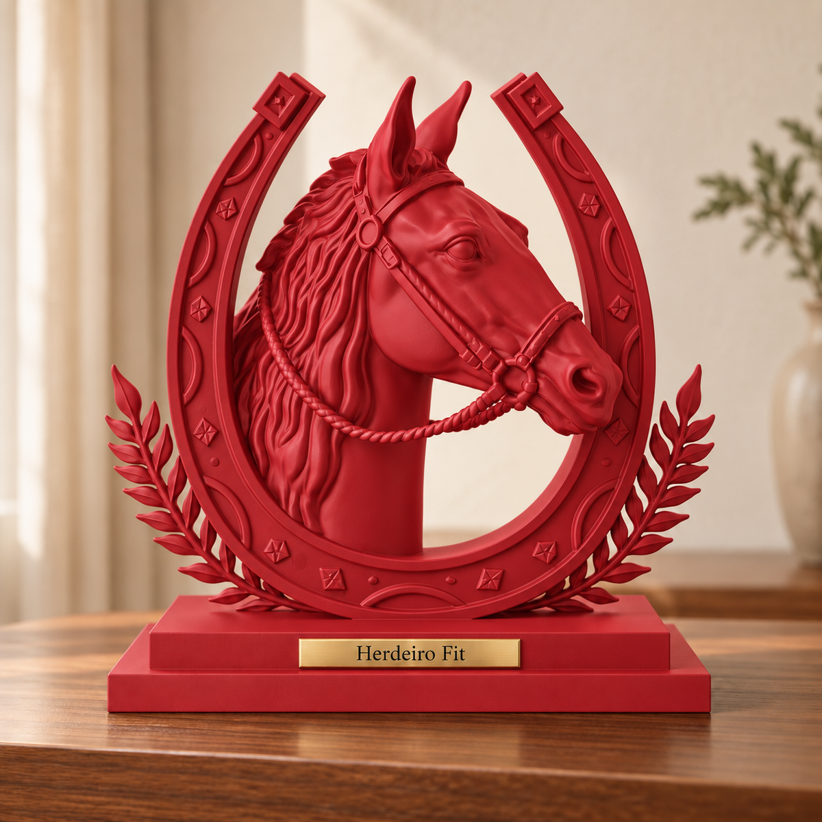 Legado — escultura de cavalo Vermelho, placa personalizada Herdeiro Fit