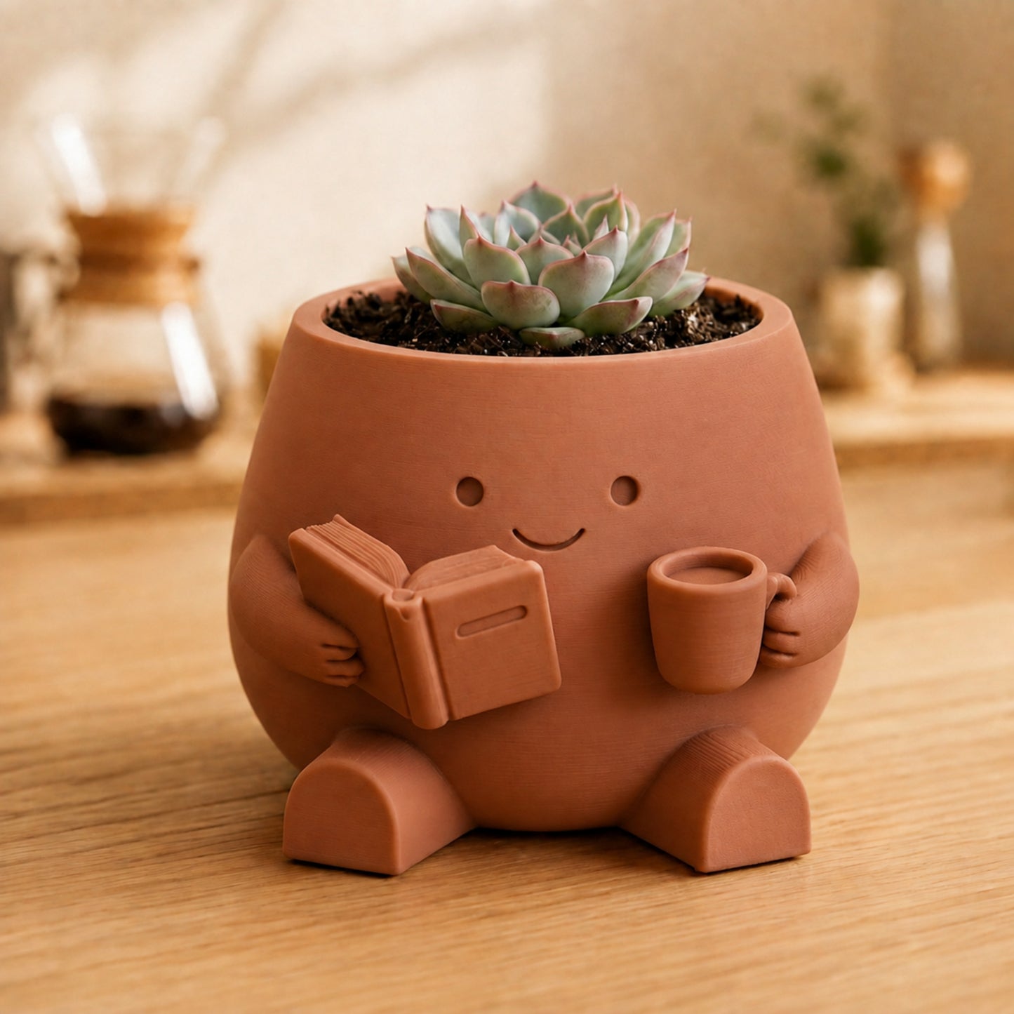 Vaso amiguinho marrom terracota segurando um livro aberto e uma xícara