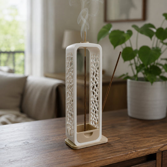Porta-incenso torre Voronoi com coletor de cinzas, decoração moderna e zen