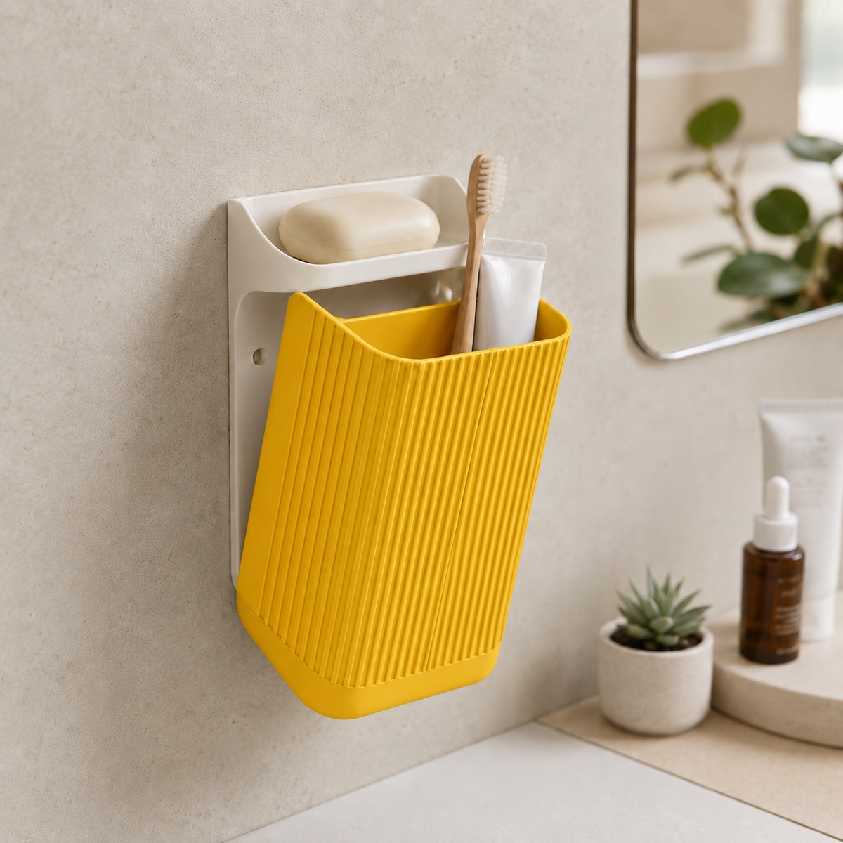 Organizador Nami — Amarelo, com placa e prateleira brancas