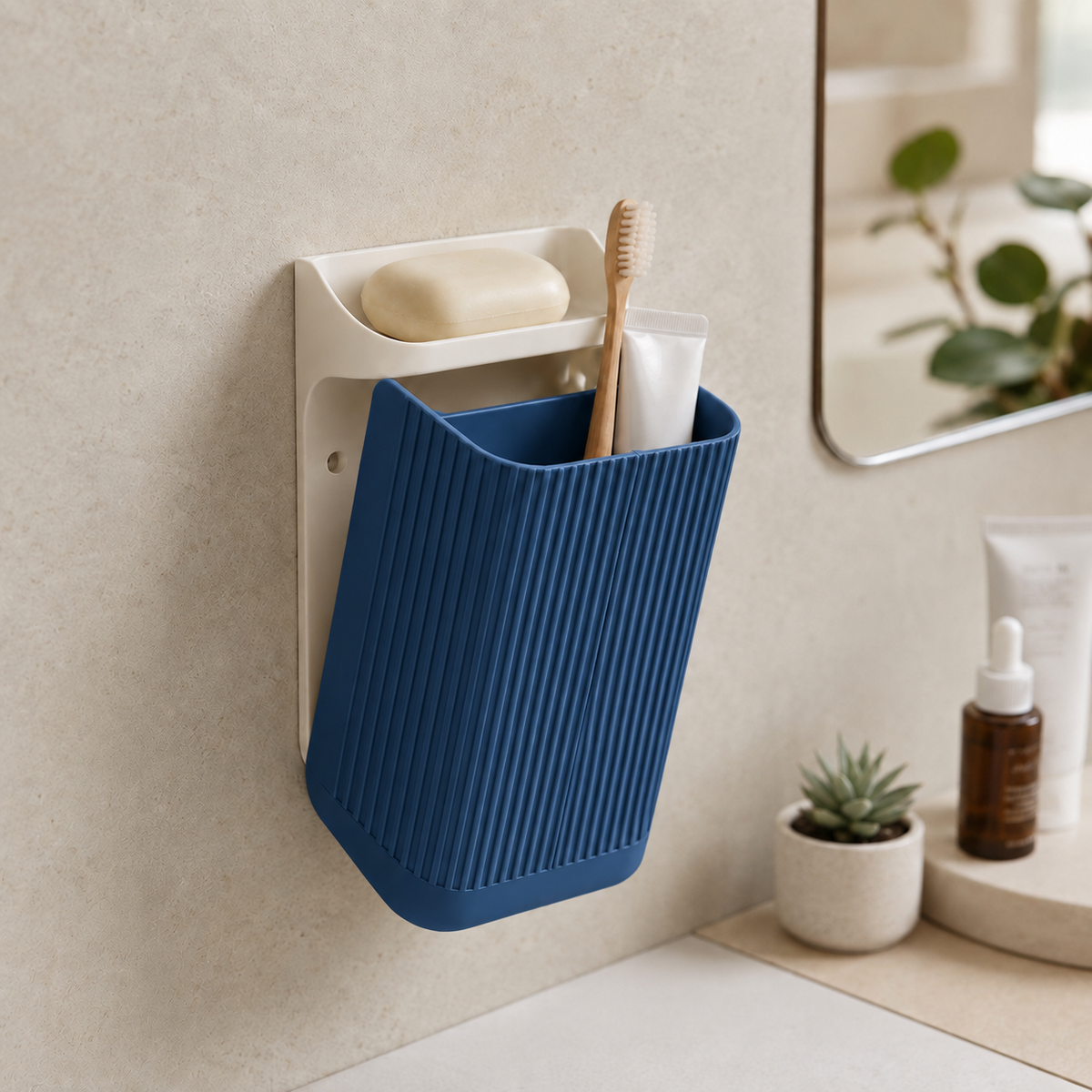 Organizador Nami — Dark Blue, com placa e prateleira brancas