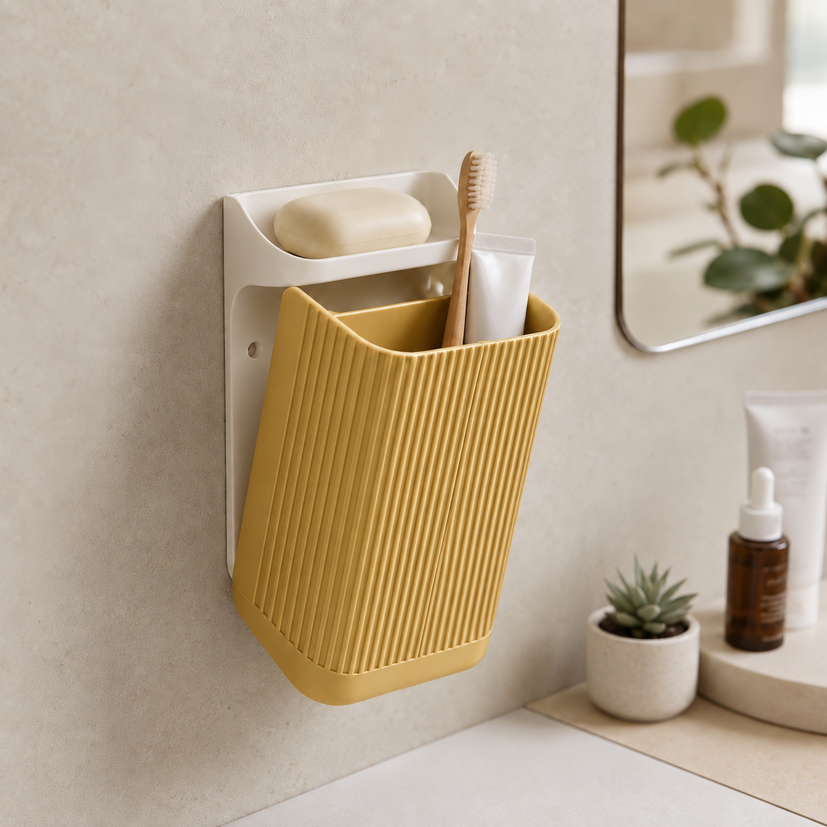 Organizador Nami — Dourado, com placa e prateleira brancas