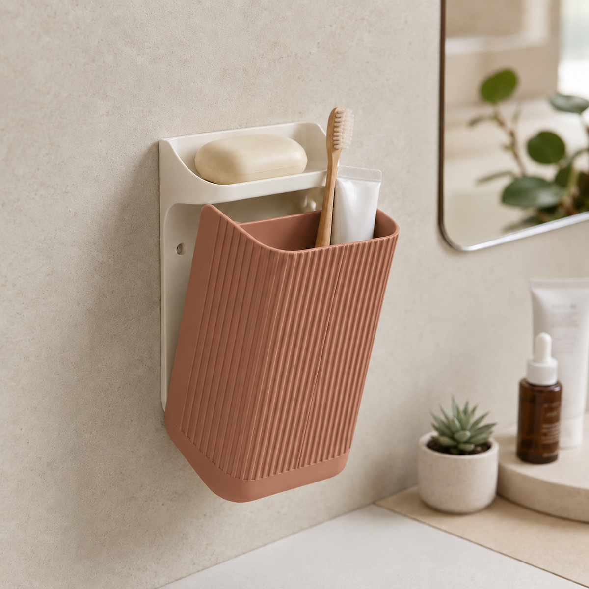 Organizador Nami — Marrom Terracota, com placa e prateleira brancas