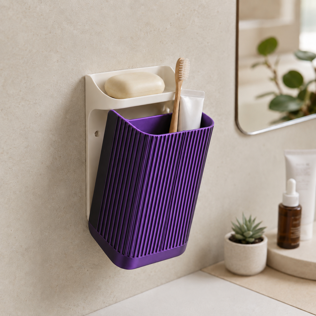 Organizador Nami — Preto e Roxo, com placa e prateleira brancas