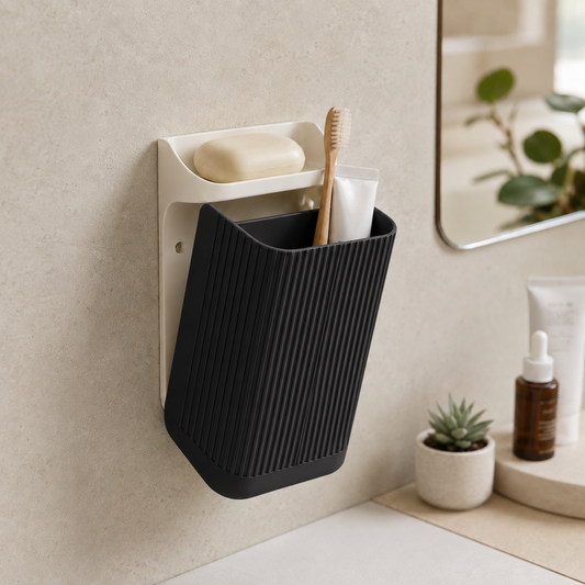 Organizador Nami — Preto, com placa e prateleira brancas