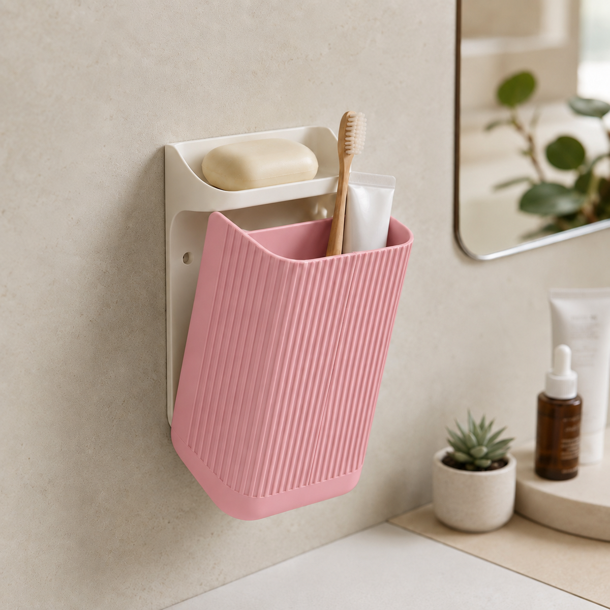 Organizador Nami — Rosa, com placa e prateleira brancas