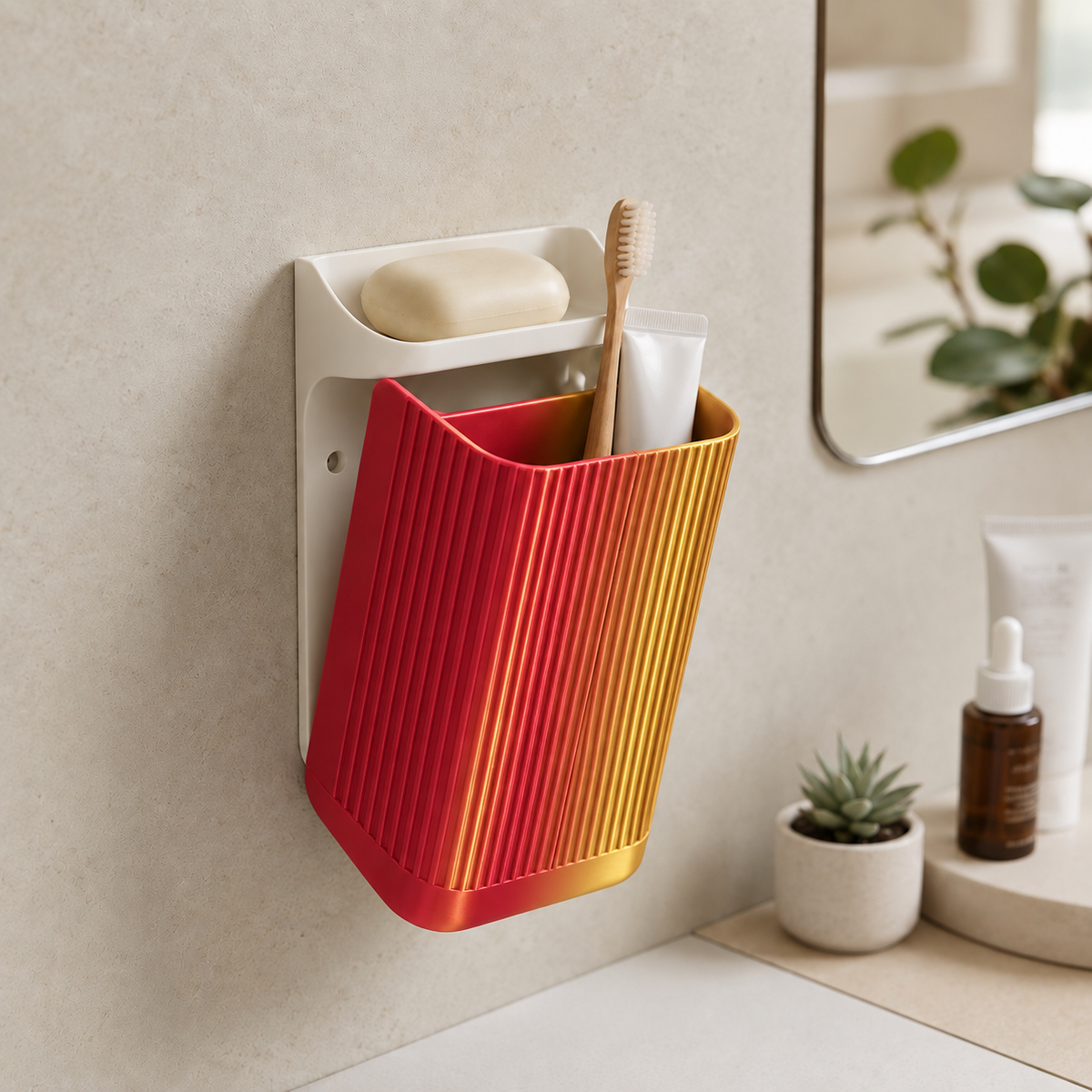 Organizador Nami — Vermelho e Dourado, com placa e prateleira brancas