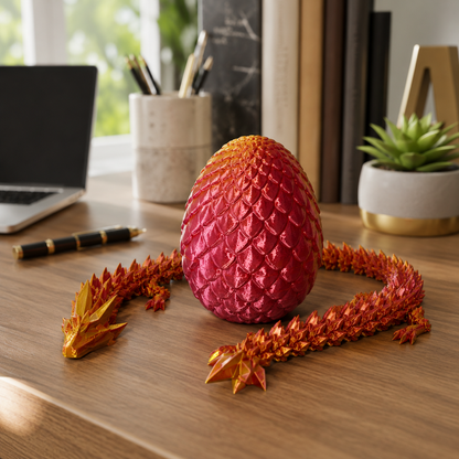 Ovo de dragão com dragão articulado vermelho e dourado sobre a escrivaninha do escritório