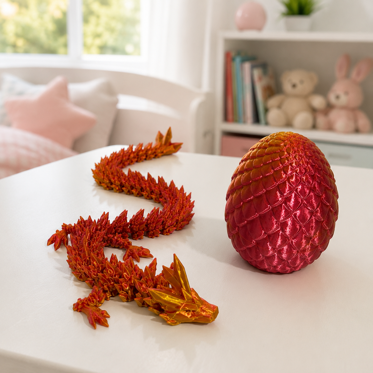 Ovo de dragão com dragão articulado vermelho e dourado em quarto infantil