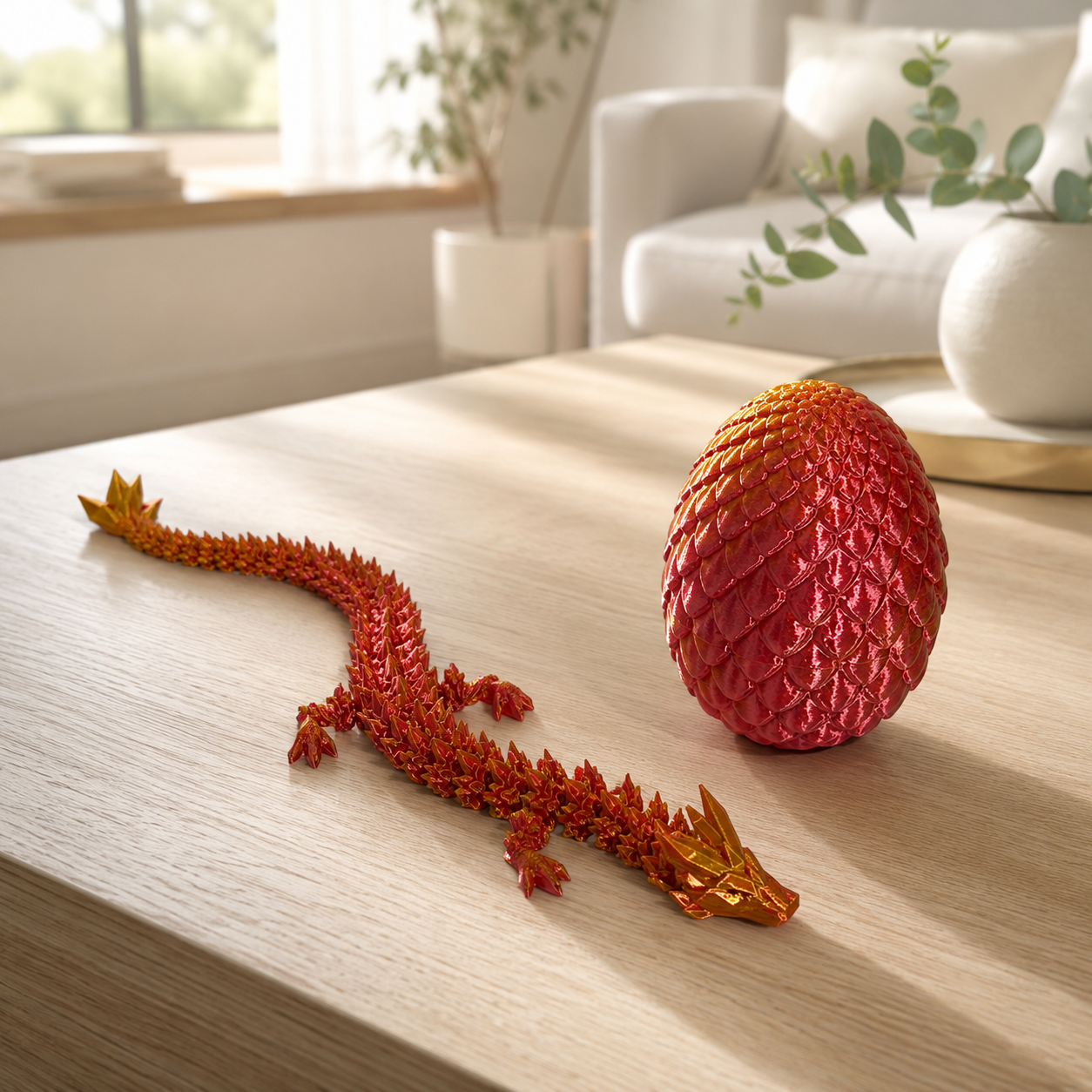 Ovo de dragão com dragão articulado vermelho e dourado na mesa de centro da sala