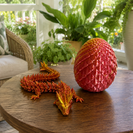 Ovo de dragão com dragão articulado vermelho e dourado sobre mesa de madeira na varanda
