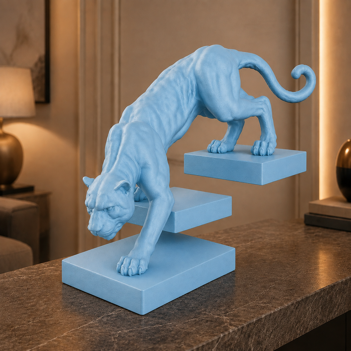 Pantera em Movimento na cor Azul Celeste em ambiente elegante e moderno