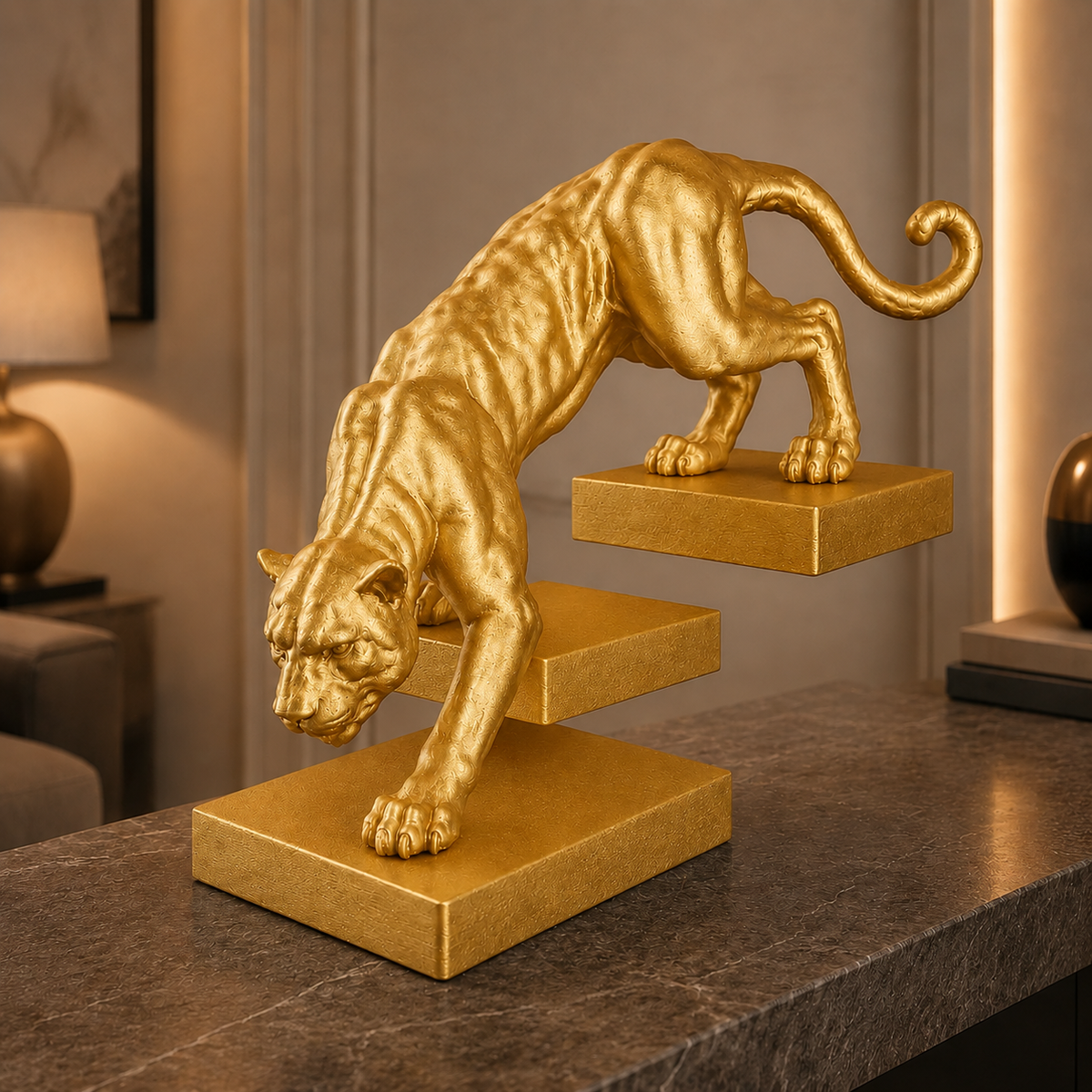 Pantera em Movimento na cor Dourado Silk em ambiente elegante e moderno