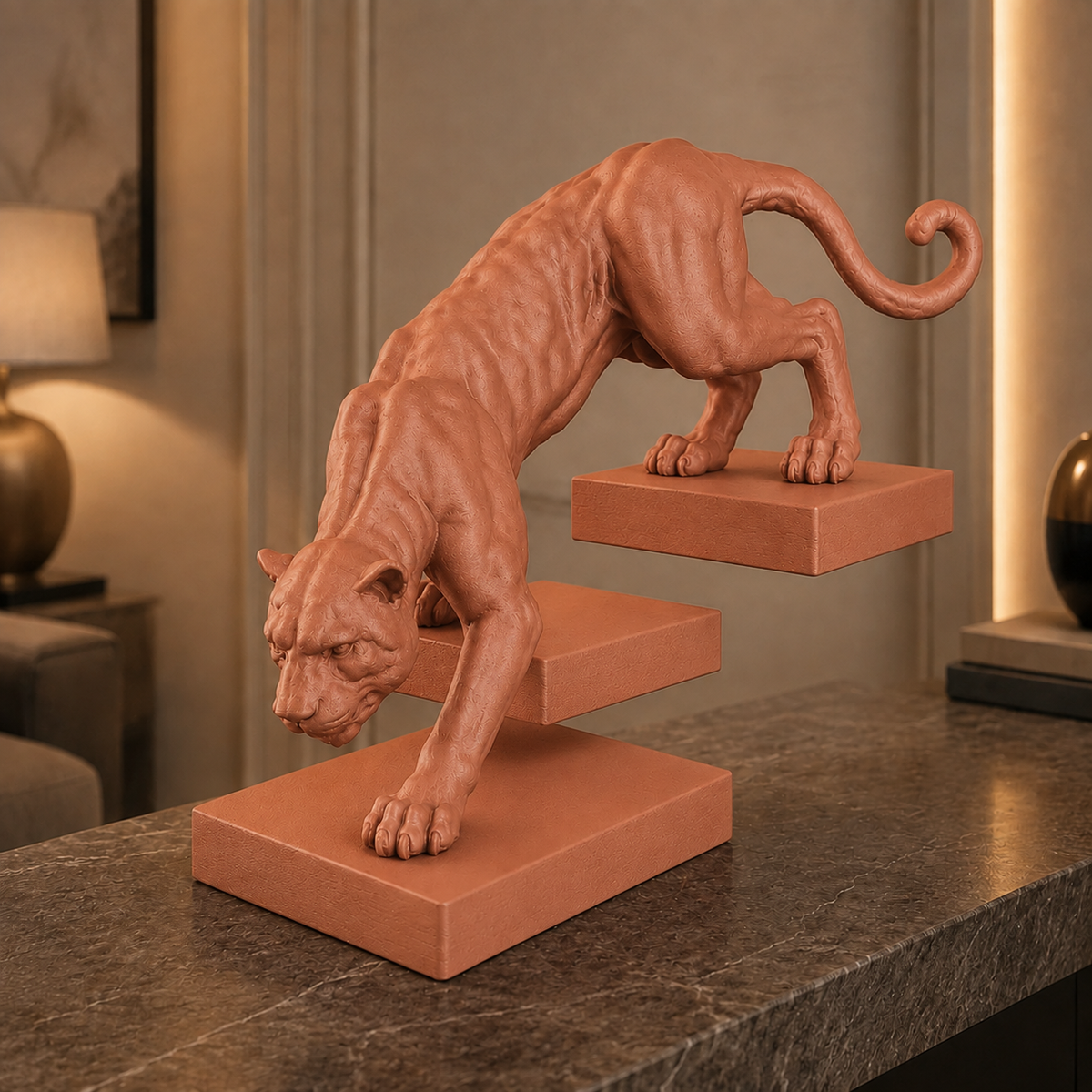 Pantera em Movimento na cor Marrom Terracota em ambiente elegante e moderno