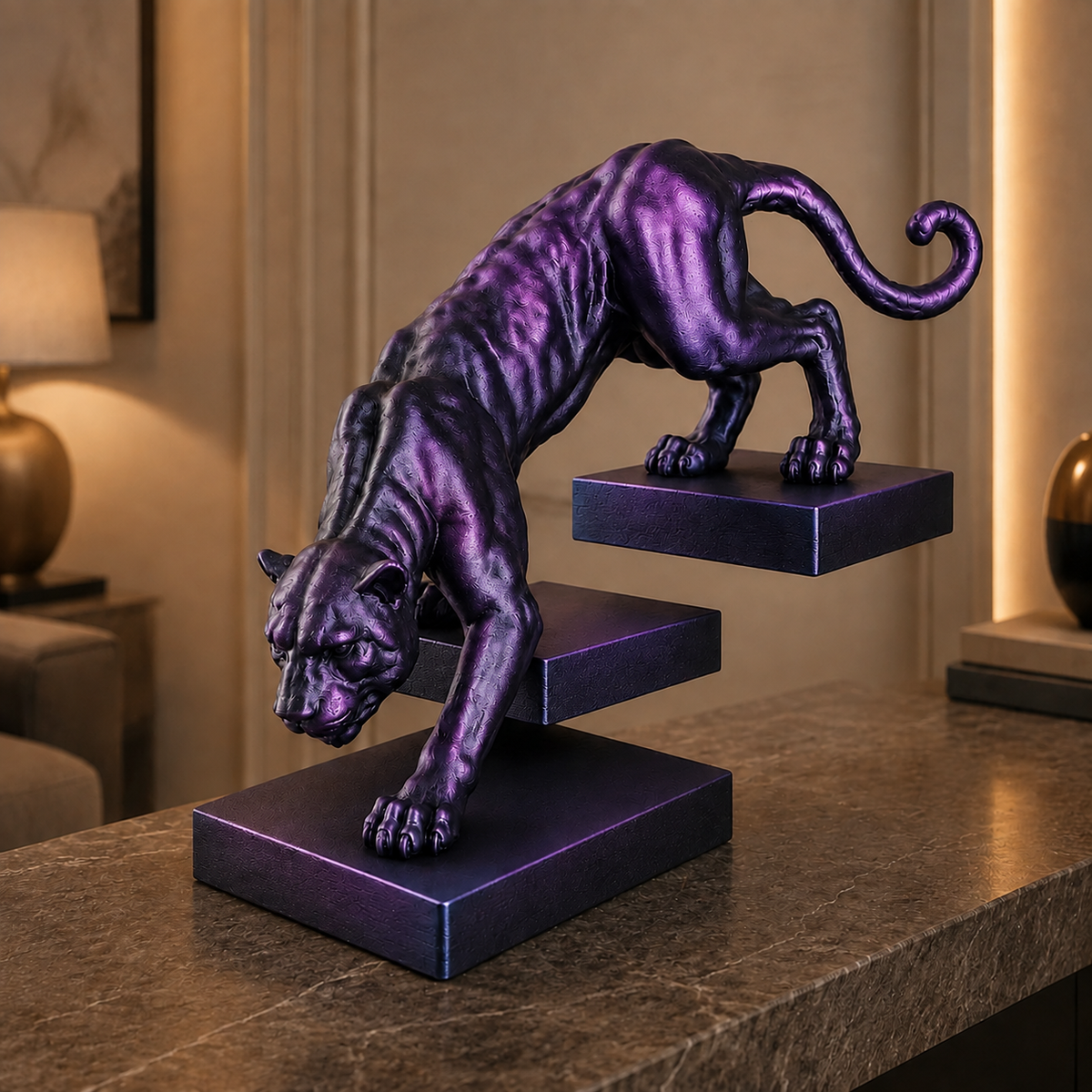 Pantera em Movimento na cor Preto e Roxo em ambiente elegante e moderno