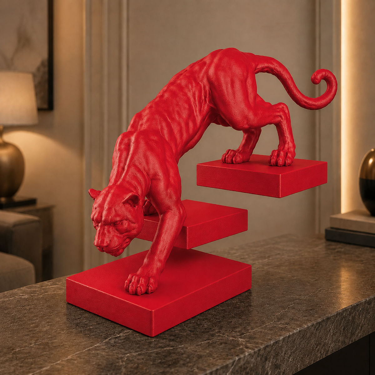 Pantera em Movimento na cor Vermelho em ambiente elegante e moderno