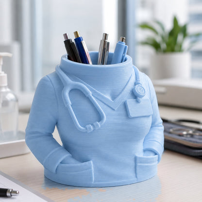 Porta-caneta em formato de jaleco médico, cor azul