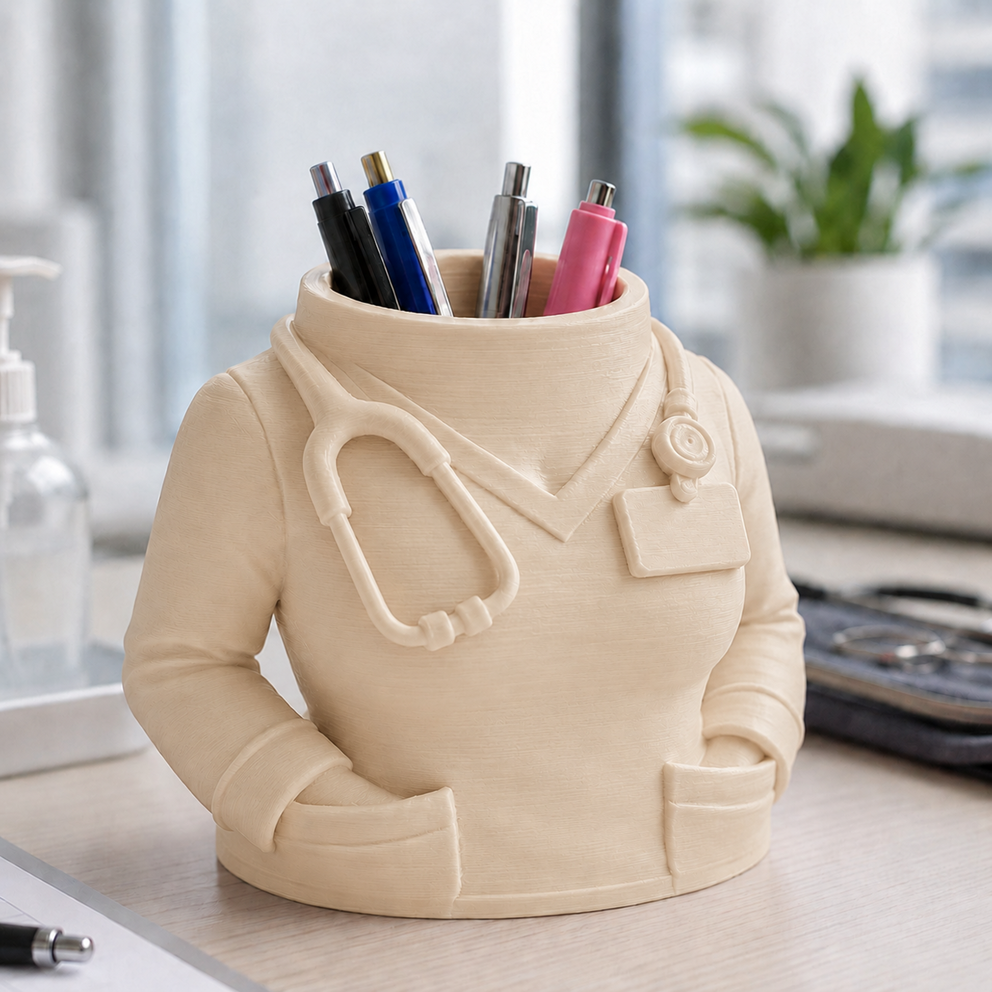 Porta-canetas em formato de jaleco médico sobre mesa de escritório, na cor bege