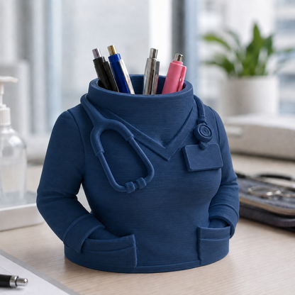Porta-canetas em formato de jaleco médico sobre mesa de escritório, na cor azul-escura