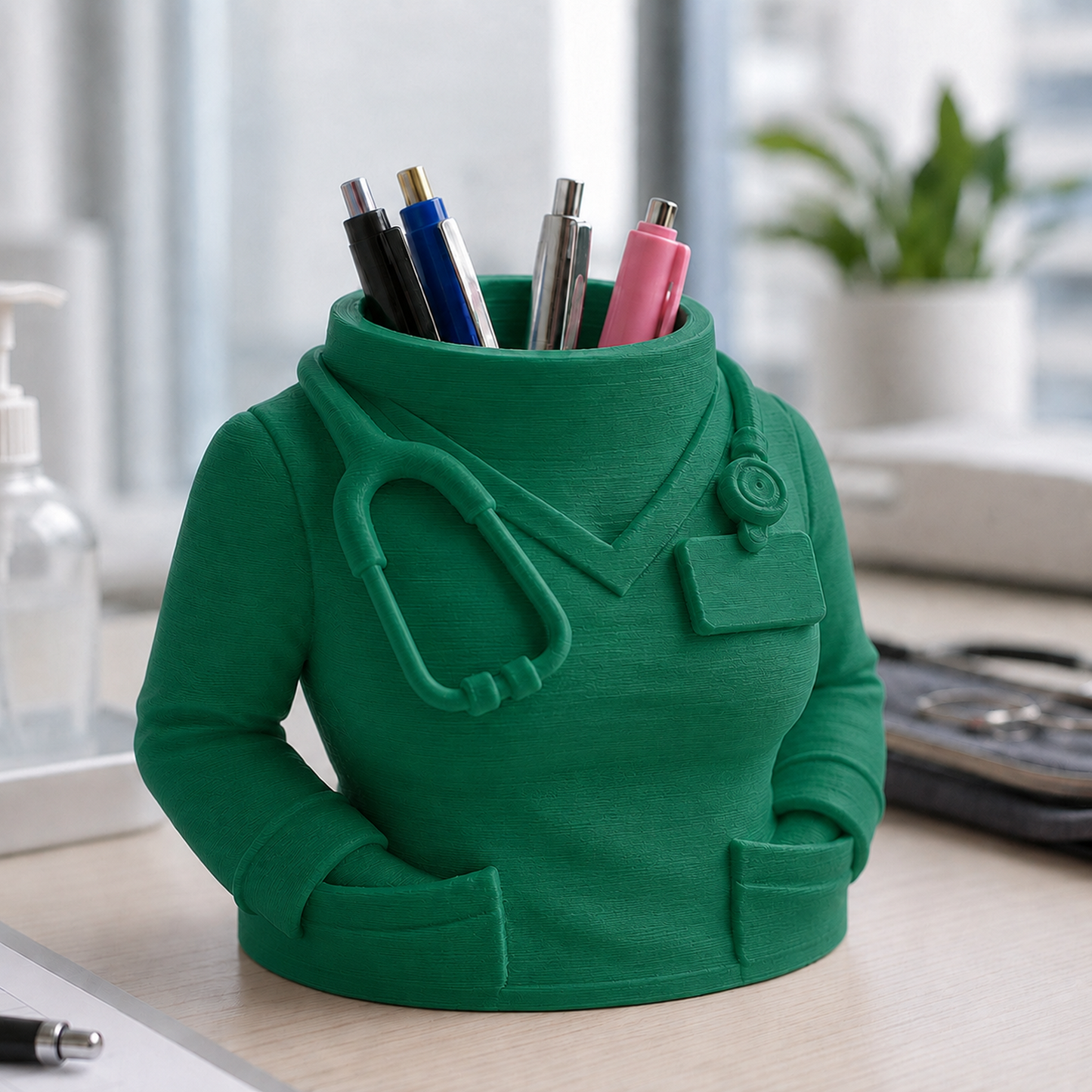 Porta-canetas em formato de jaleco médico sobre mesa de escritório, na cor verde escura