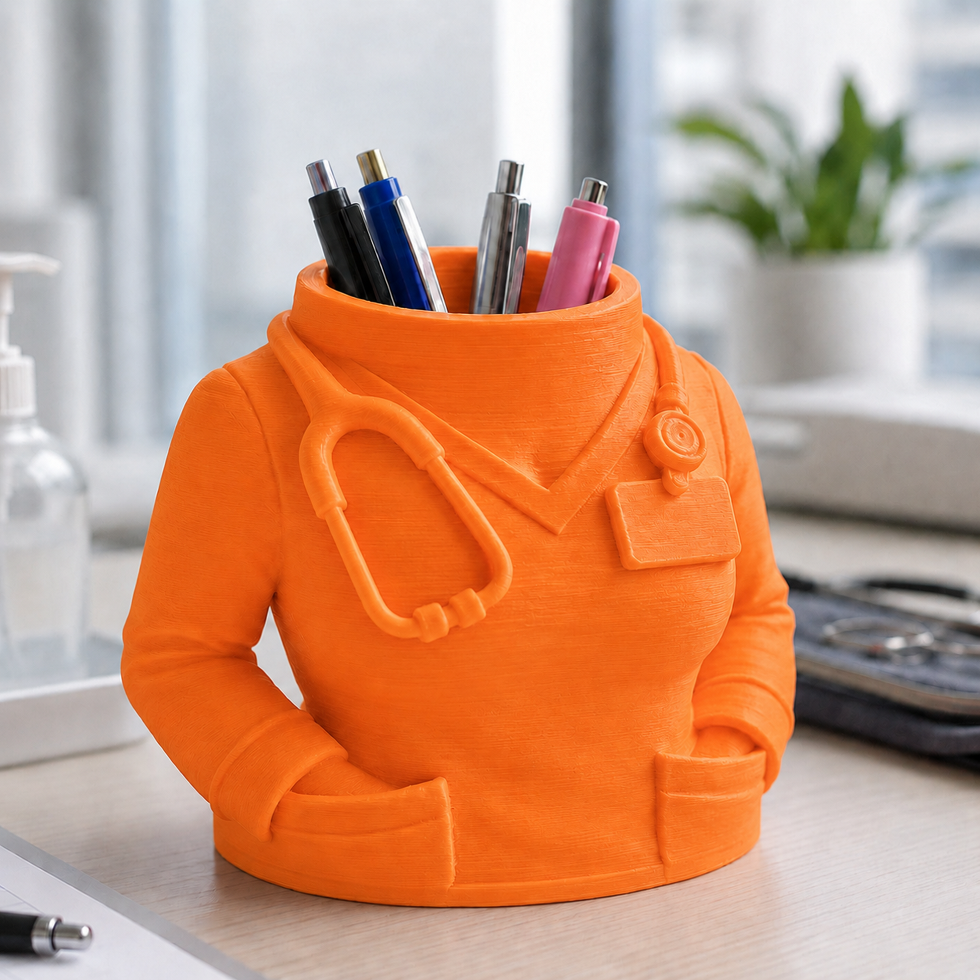 Porta-canetas em formato de jaleco médico sobre mesa de escritório, na cor laranja