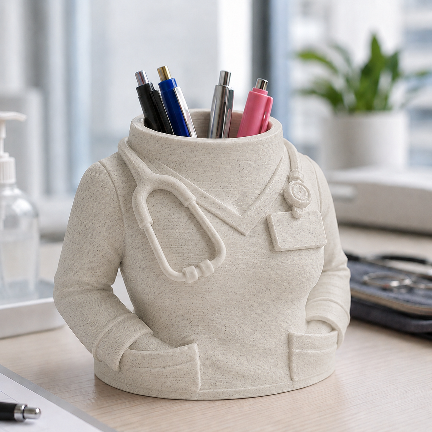 Porta-canetas em formato de jaleco médico sobre mesa de escritório, na cor mármore