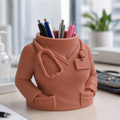 Porta-canetas em formato de jaleco médico sobre mesa de escritório, na cor marrom terracota