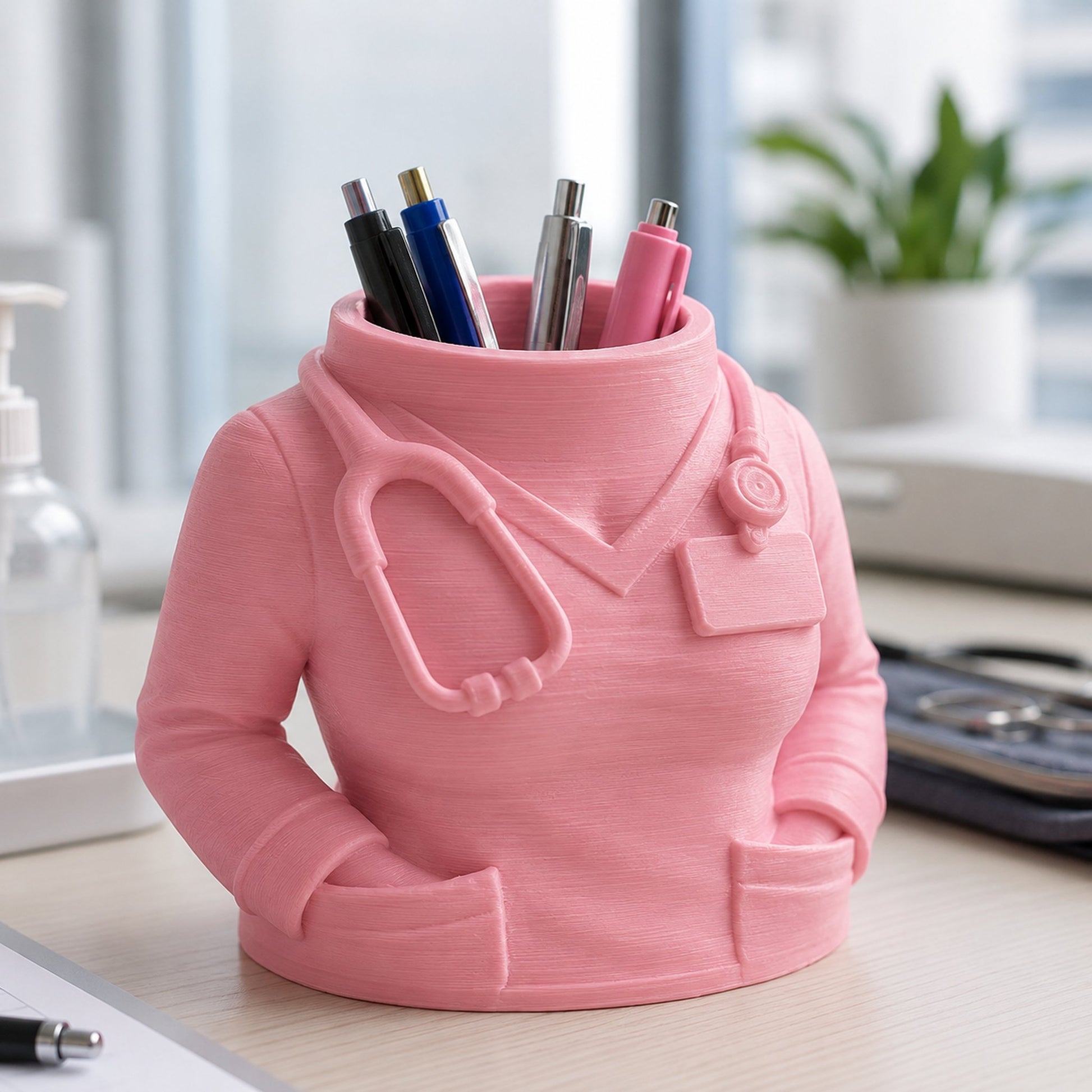 Porta-caneta em formato de jaleco médico, cor rosa