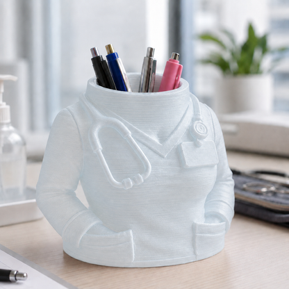 Porta-canetas em formato de jaleco médico sobre mesa de escritório, na cor translúcida