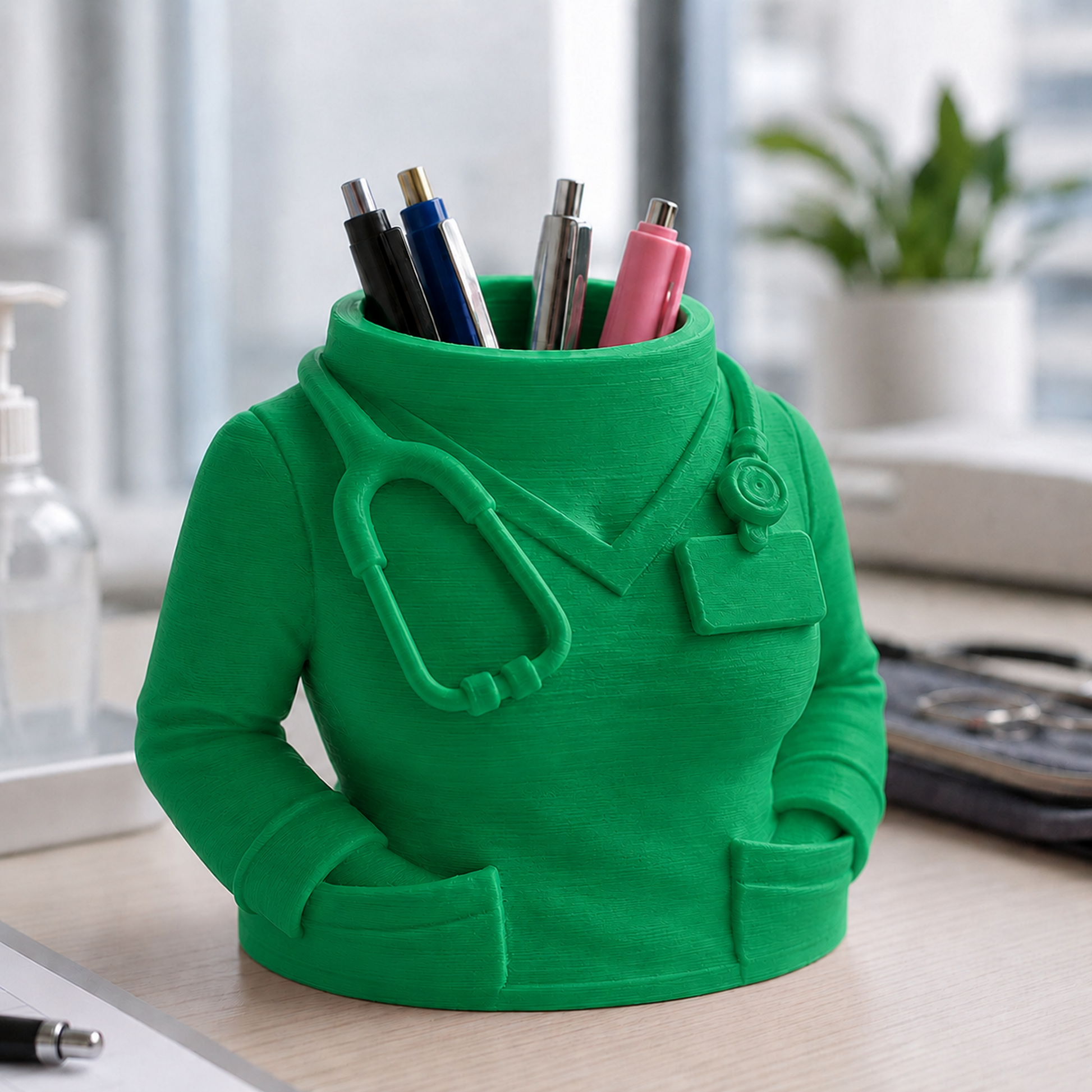 Porta-canetas em formato de jaleco médico sobre mesa de escritório, na cor verde