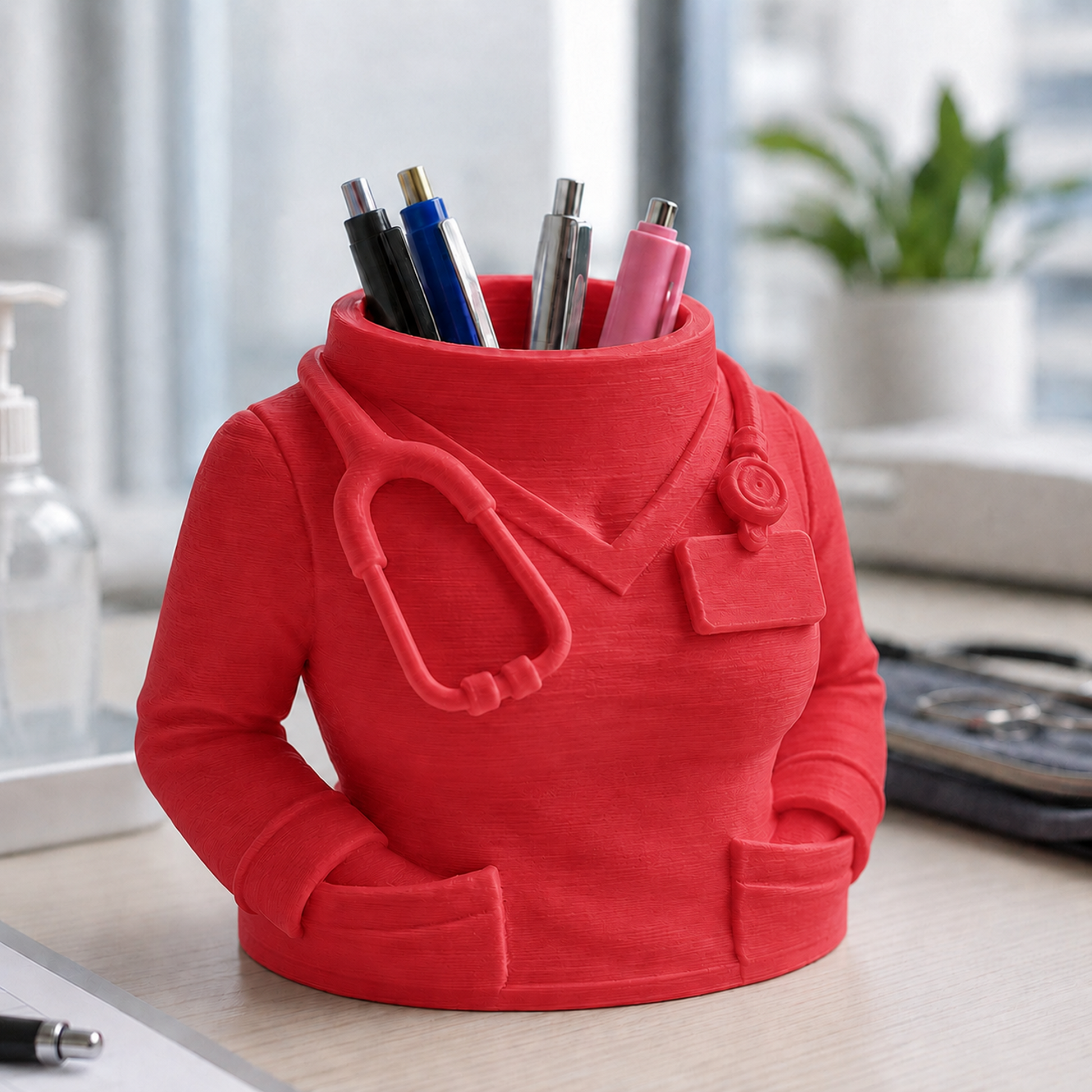 Porta-canetas em formato de jaleco médico sobre mesa de escritório, na cor vermelha