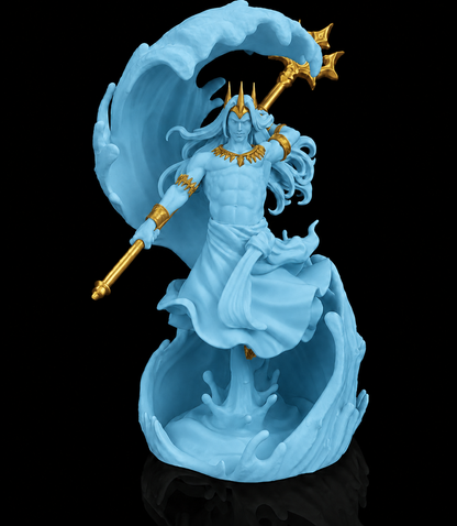Escultura de Poseidon, deus dos mares, empunhando o tridente, na cor azul-celeste, com detalhes dourados