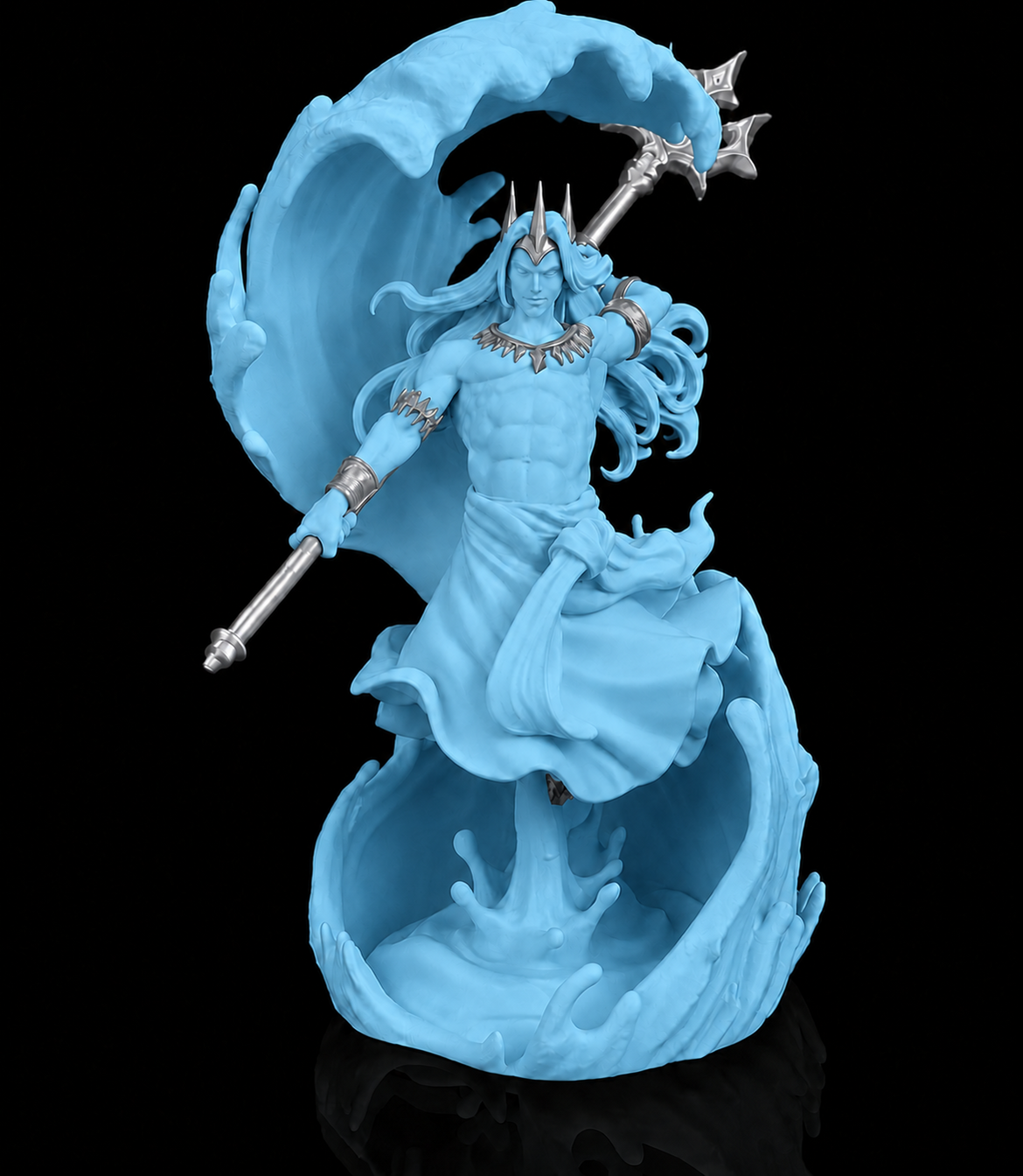 Escultura de Poseidon, deus dos mares, empunhando o tridente, na cor azul-celeste, com detalhes prateados