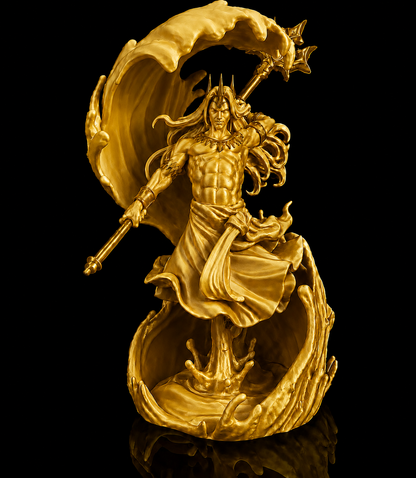 Escultura de Poseidon, deus dos mares, empunhando o tridente, na cor dourada, com detalhes dourados