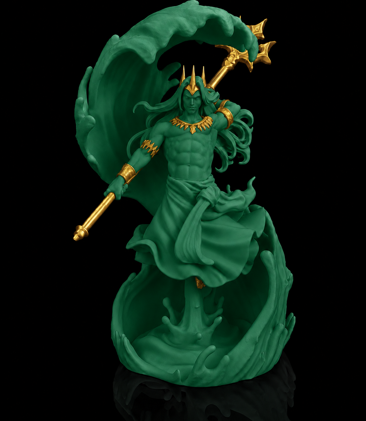 Escultura de Poseidon, deus dos mares, empunhando o tridente, na cor verde escura, com detalhes dourados