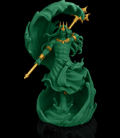 Escultura de Poseidon, deus dos mares, empunhando o tridente, na cor verde escura, com detalhes dourados