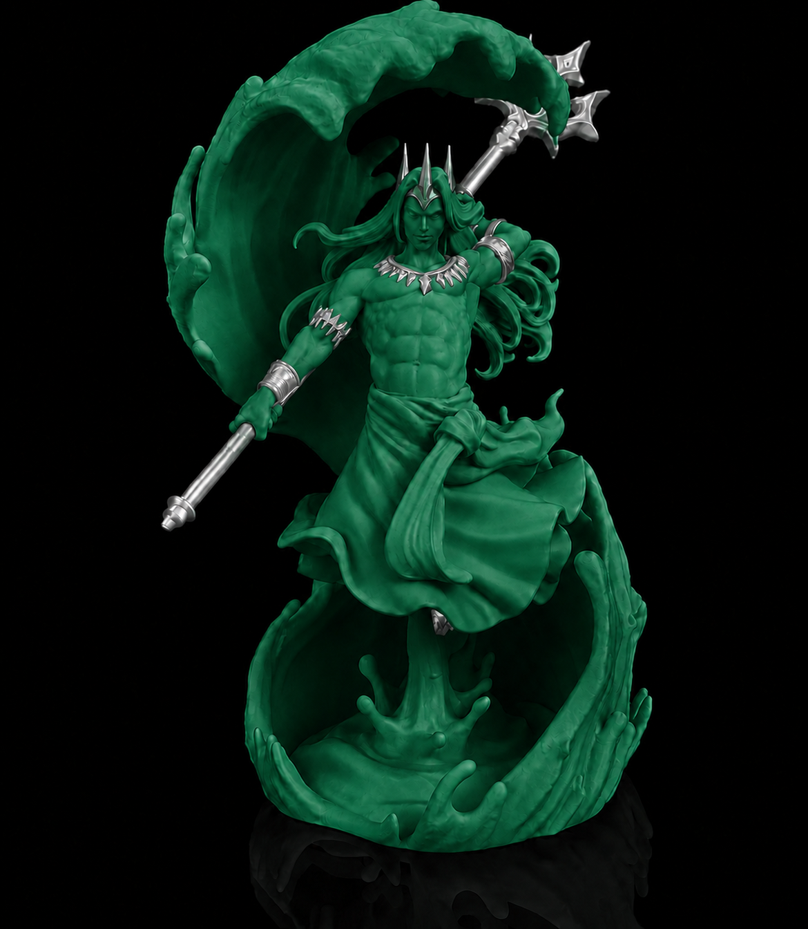 Escultura de Poseidon, deus dos mares, empunhando o tridente, na cor verde escura, com detalhes prateados